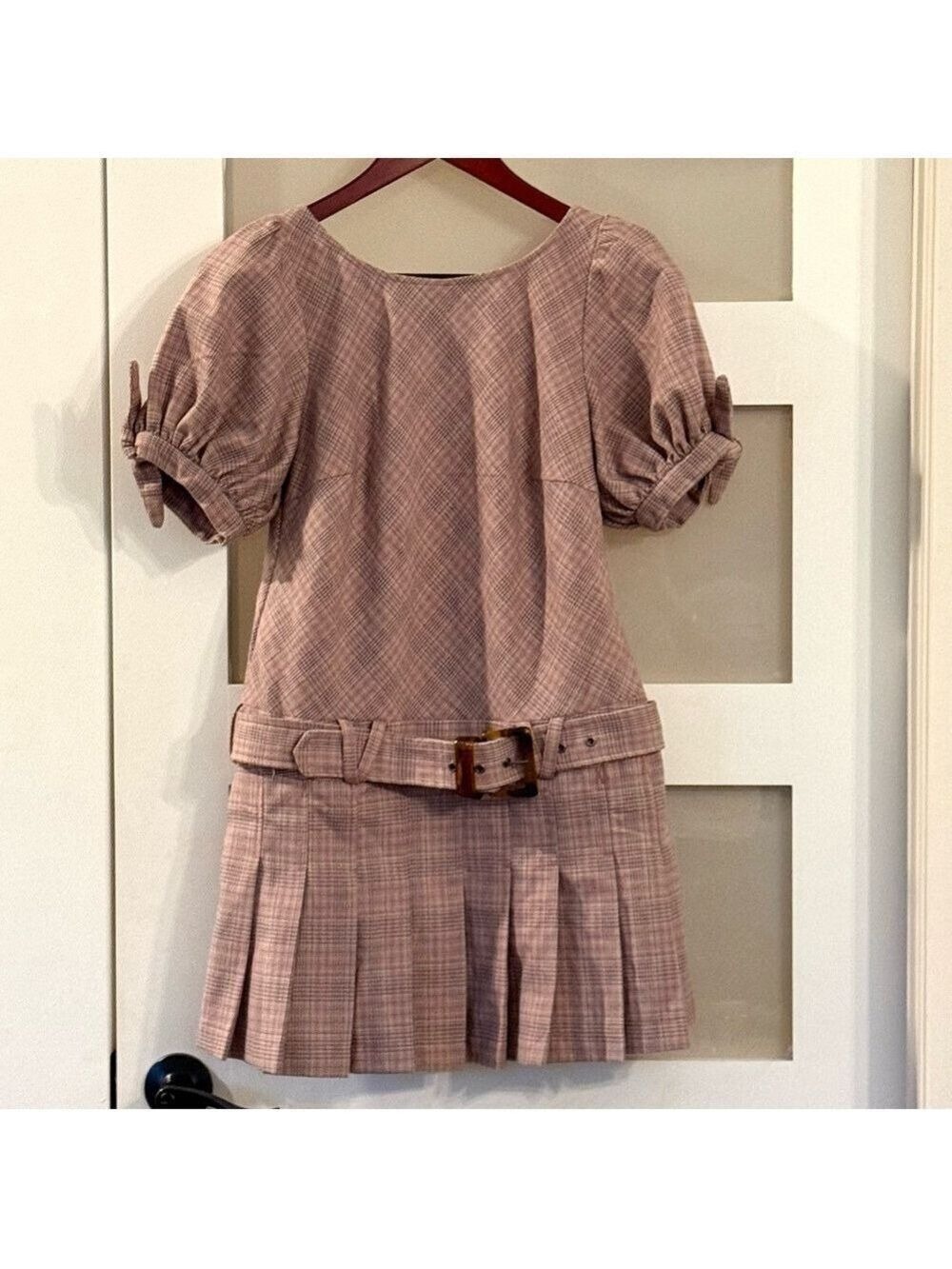 FREE PEOPLE Sevi Plaid Puff Sleeve Mini Dress with Belt. NWOT Size S - Picture 1 of 7